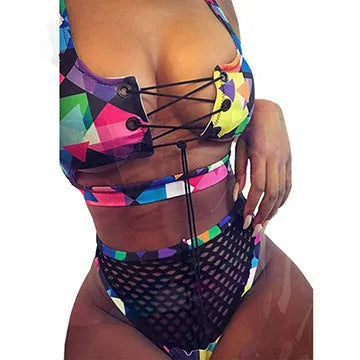 Women's checkered cross strap bikini set with high-waisted shorts