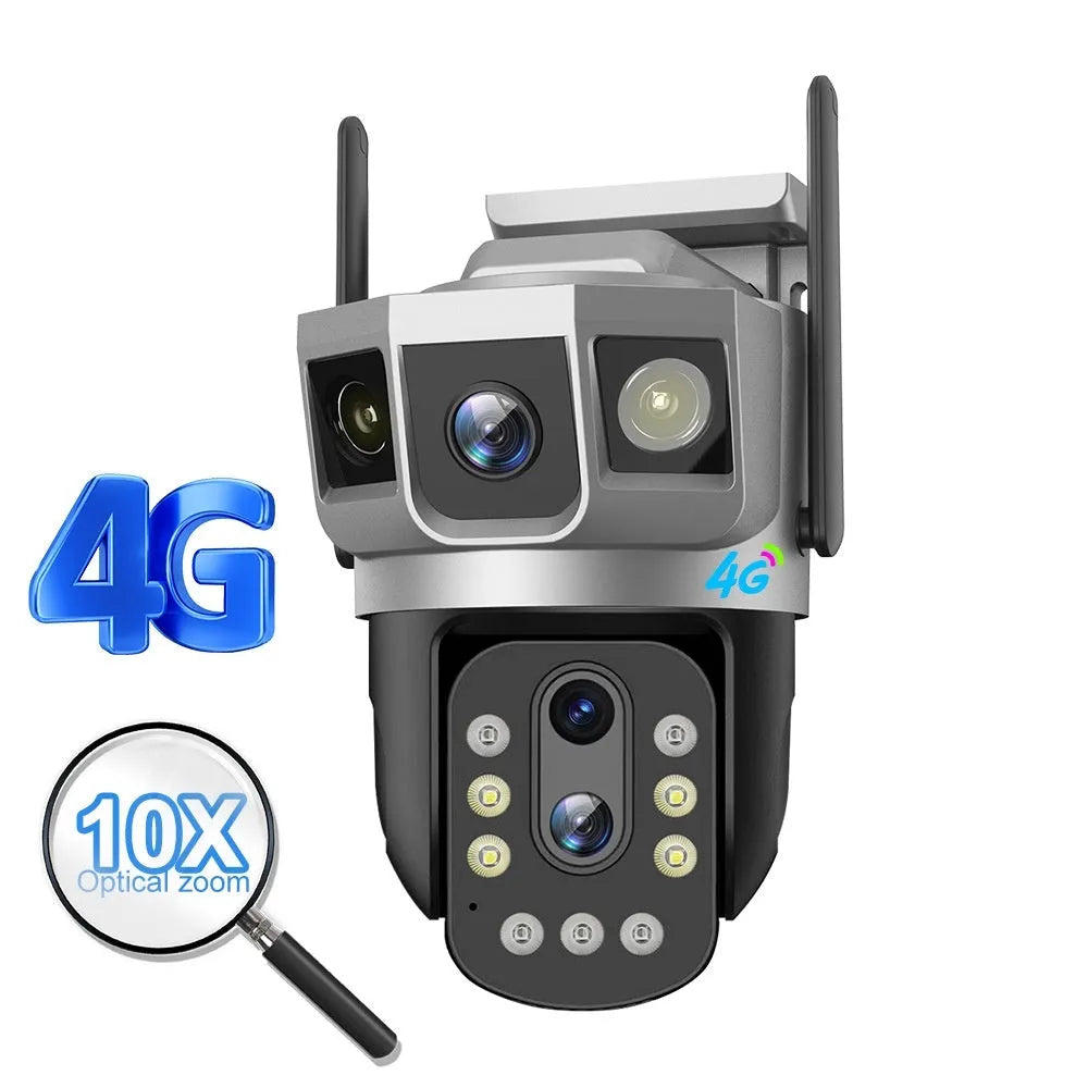 V380 outdoor security camera with solar panel showing 10x zoom capability and 4G connectivity
