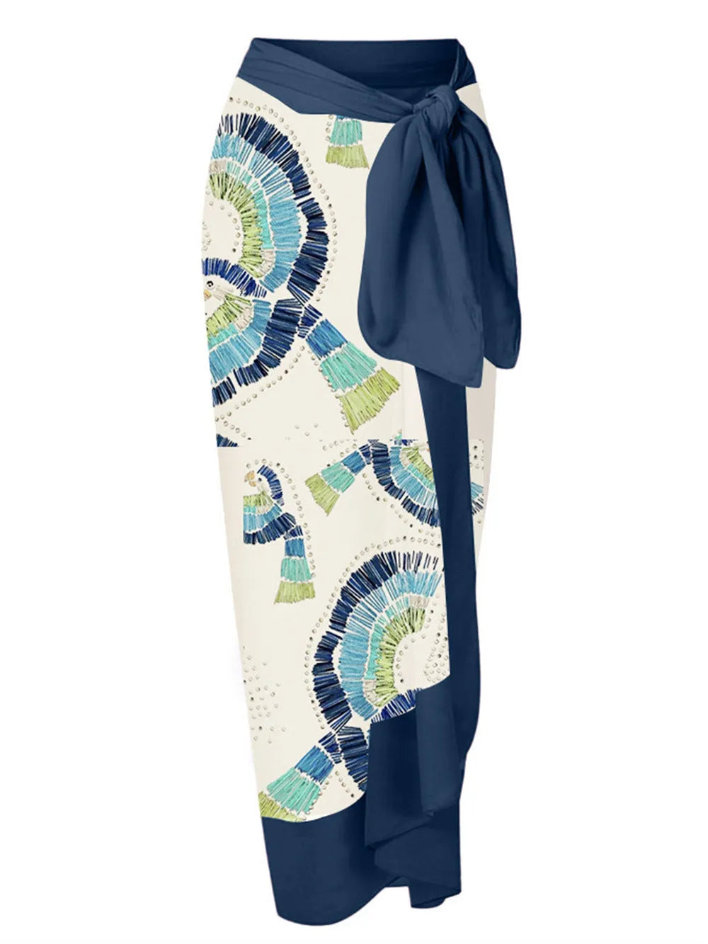 White one-shoulder swimsuit with a tiered, double-layer lotus leaf design skirt on a mannequin.