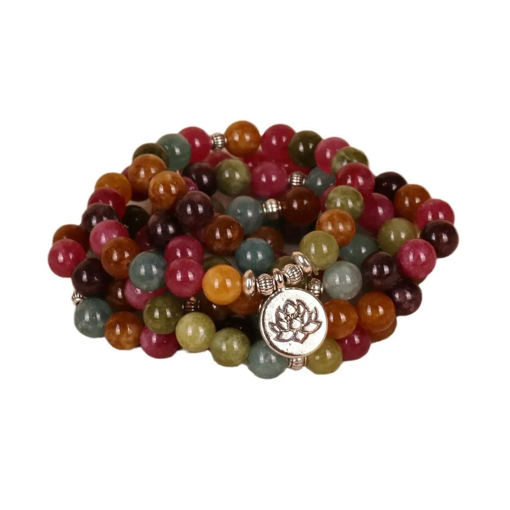 108-bead multi-layer bracelet with lotus hanging design in tourmaline-coloured alloy