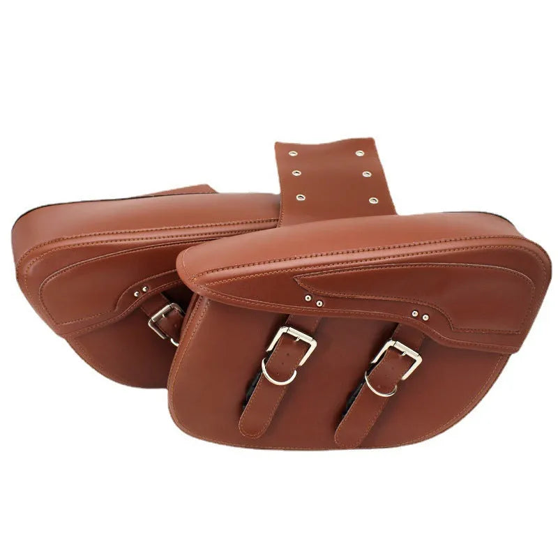 Black retro-style PU leather motorcycle side box saddlebag mounted on a bike.