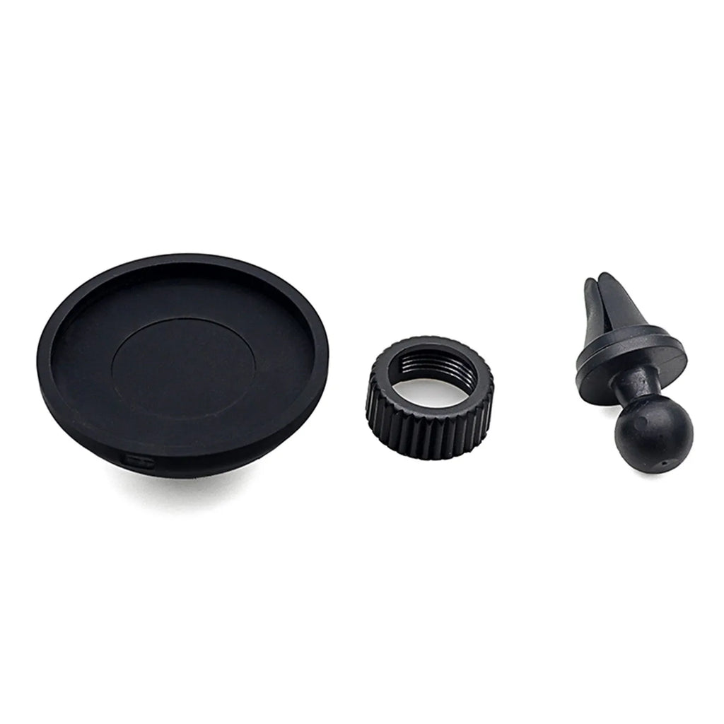 Black plastic magnetic car phone holder with dashboard and air vent mounting brackets