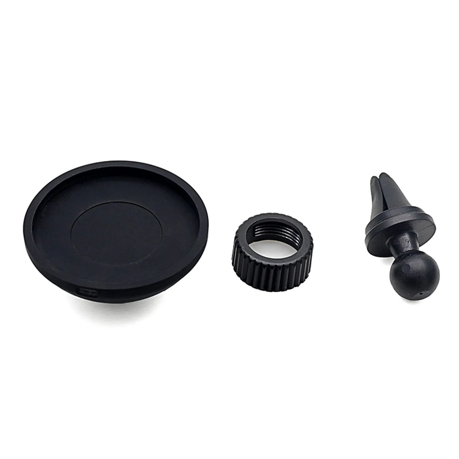 Black plastic magnetic car phone holder with dashboard and air vent mounting brackets