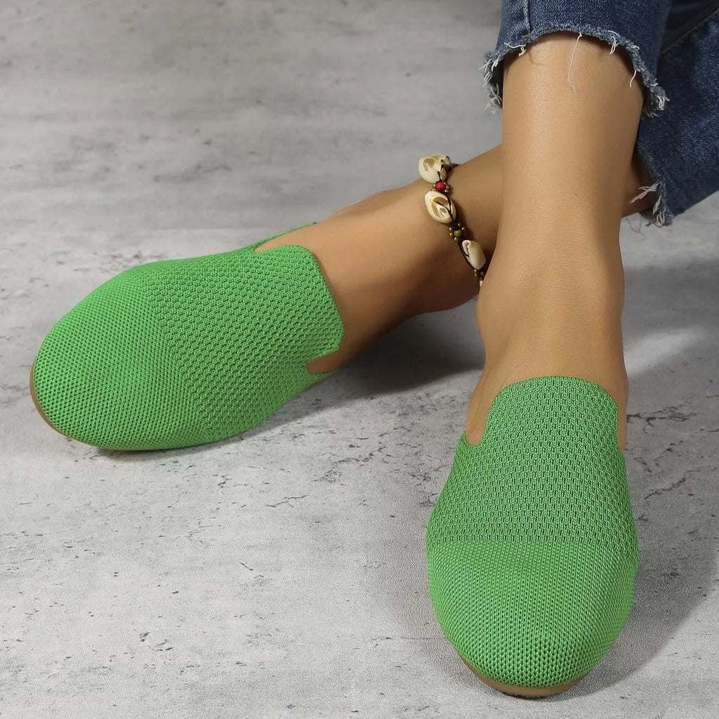 Adult casual mesh sandals in apricot, blue, and green with cloth upper and rubber sole.