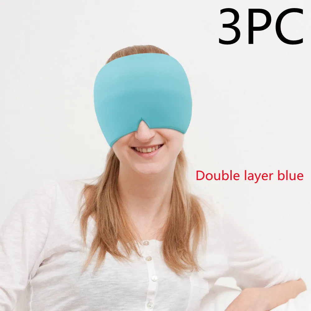 Black elastic ice gel headache relief eye mask shown on a mannequin head, adjustable for 42-66cm circumference.