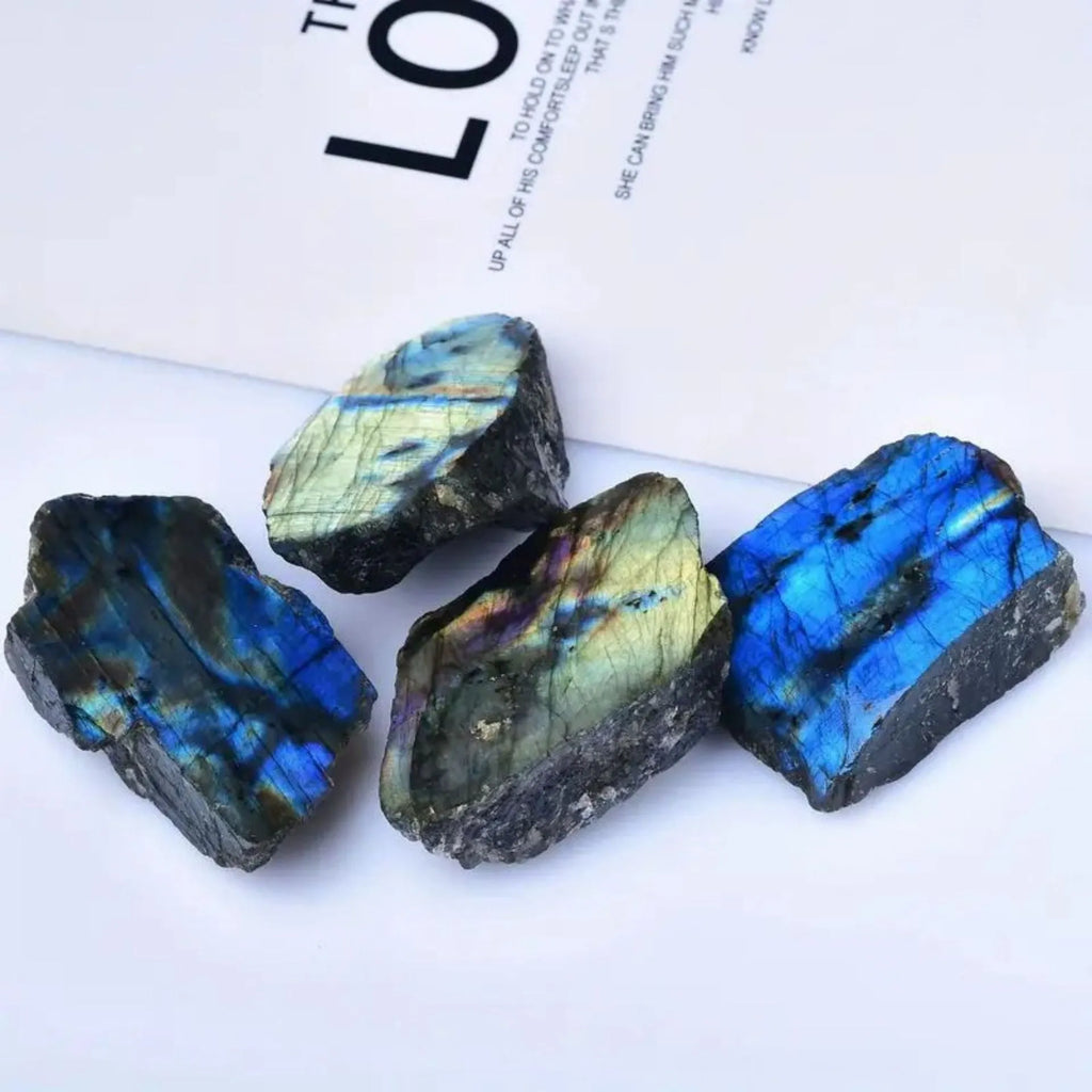 Natural labradorite polished slate ornament with iridescent colour play, hand-polished smooth finish