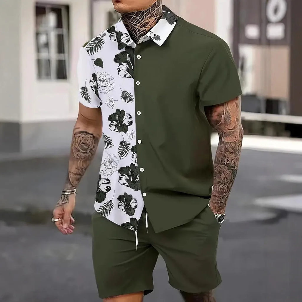 Men's Hawaiian style short sleeve shirt and shorts casual suit set on a hanger.