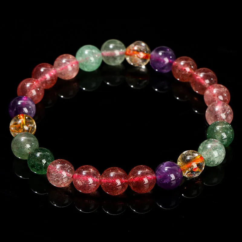 Natural strawberry quartz bracelet for women with round beads in about 7mm, 8mm, or 9mm and tourmaline colour style.