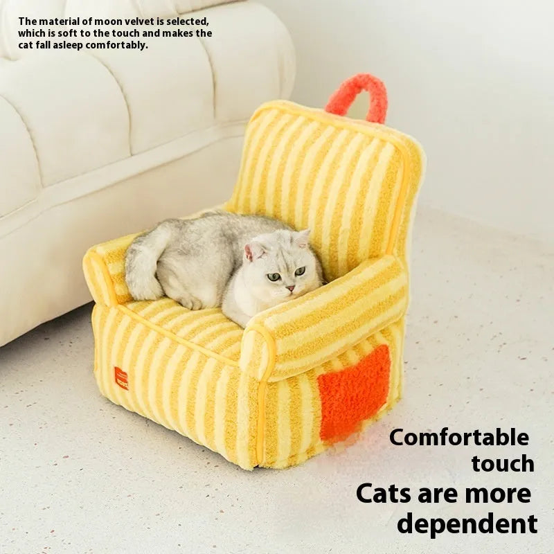 Striped orange plush dog bed with a removable cover for small to medium dogs.