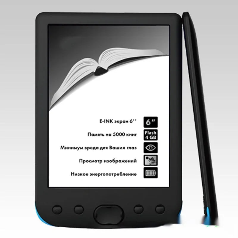 Black 6-inch E-ink e-book reader with multiple storage capacity options