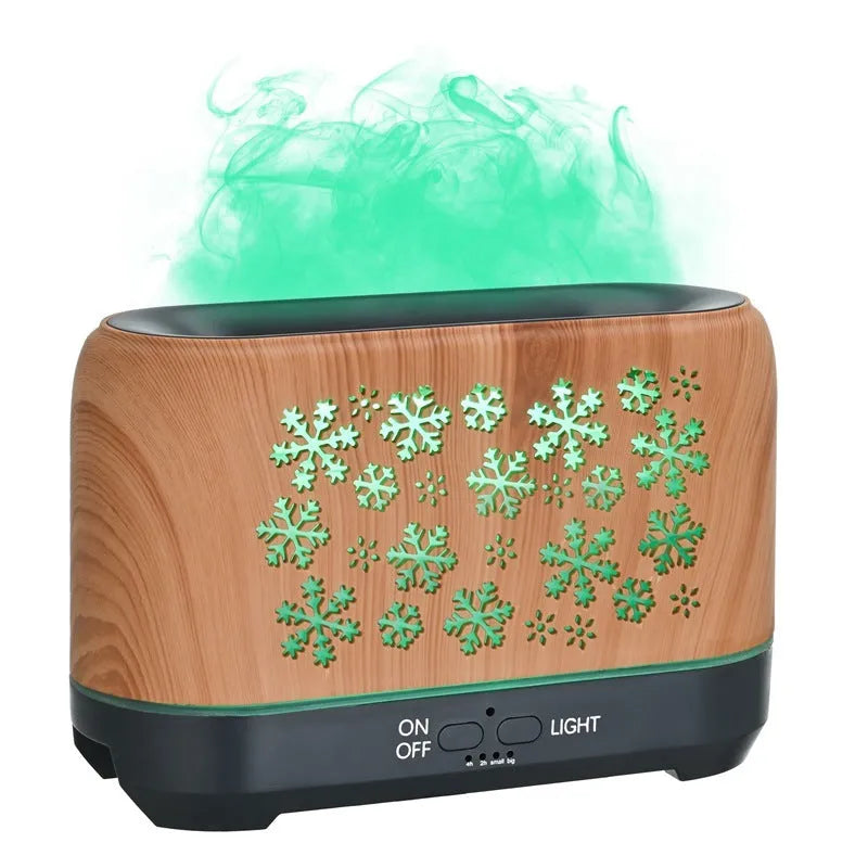 Square snowflake wood grain aromatherapy humidifier with colourful LED flame effect and remote control