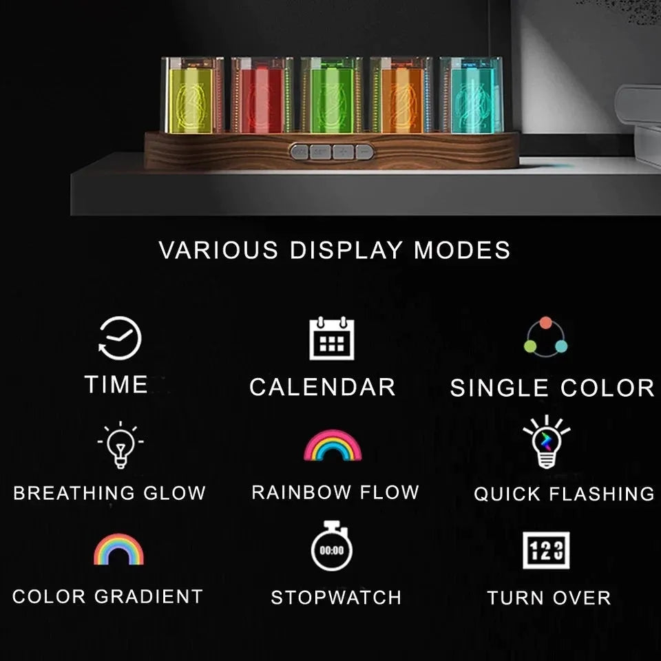 RGB Luminotron digital desktop clock with LED colour display in black, white or wood grain finish