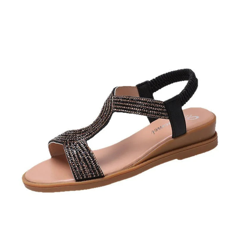Women's patent leather summer sandals with rhinestone detailing in gold, silver or black colours