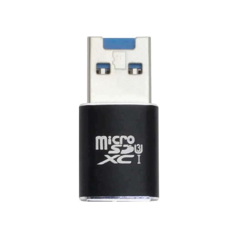 Black USB 3.0 card reader for Micro SD and SD memory cards on a grey background.