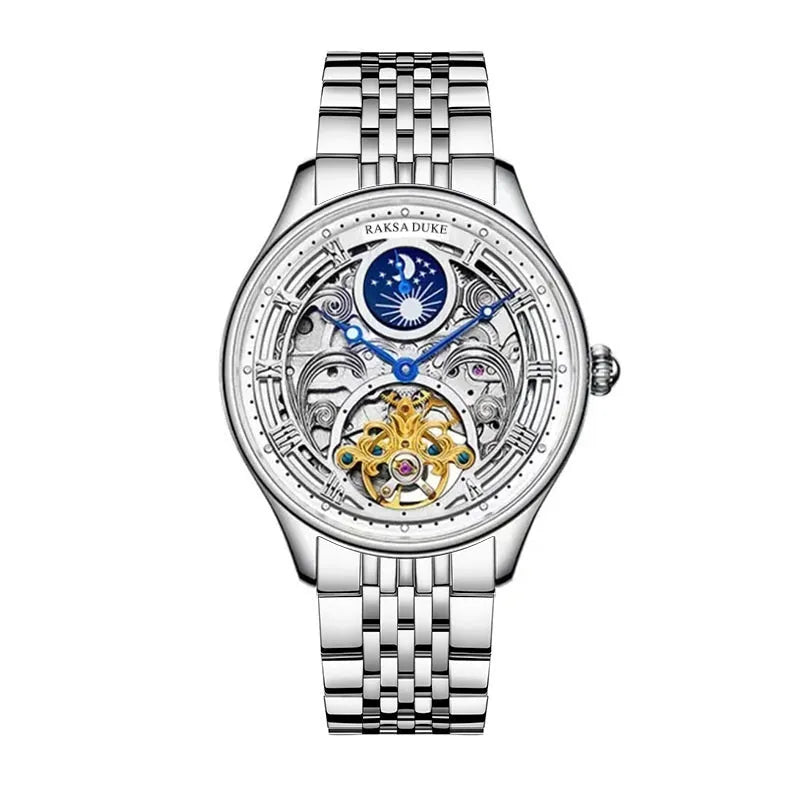 Men's business waterproof watch with 16mm case and steel or leather strap options in white or rose gold