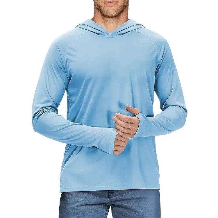 Men's long sleeve hooded workout sweater in sky blue polyester pique, loose fit for running and fitness.