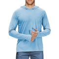 Men's long sleeve hooded workout sweater in sky blue polyester pique, loose fit for running and fitness.
