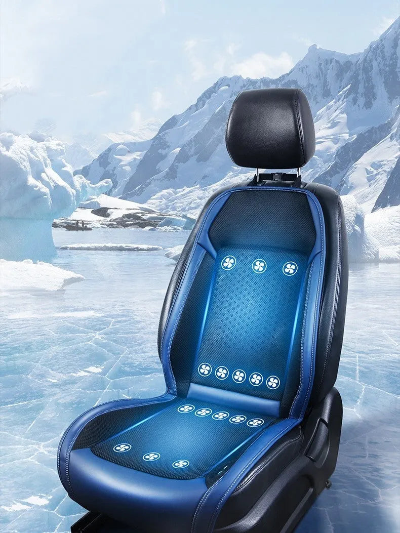 Black minimalist car seat cooling pad with USB cable for 12V/24V power connection.
