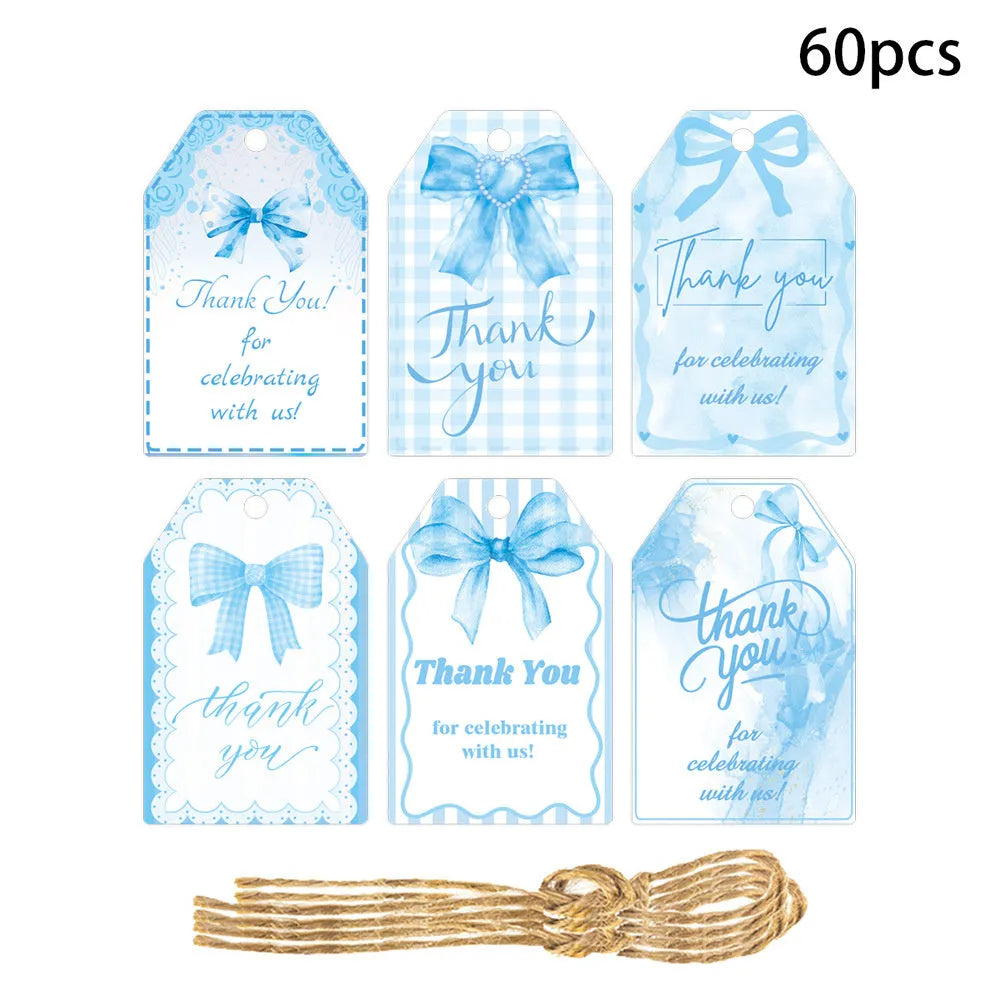 60-piece set of birthday party gift label tags with bowknot designs and natural hemp rope.
