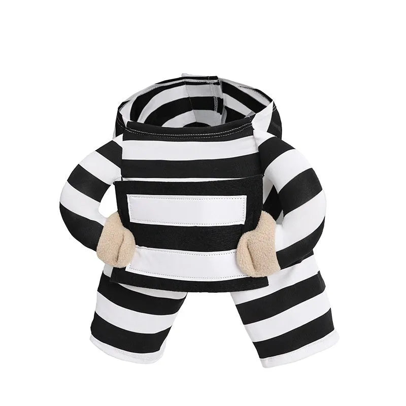 Black and white striped dog Halloween pet costume made from polyester on a white background
