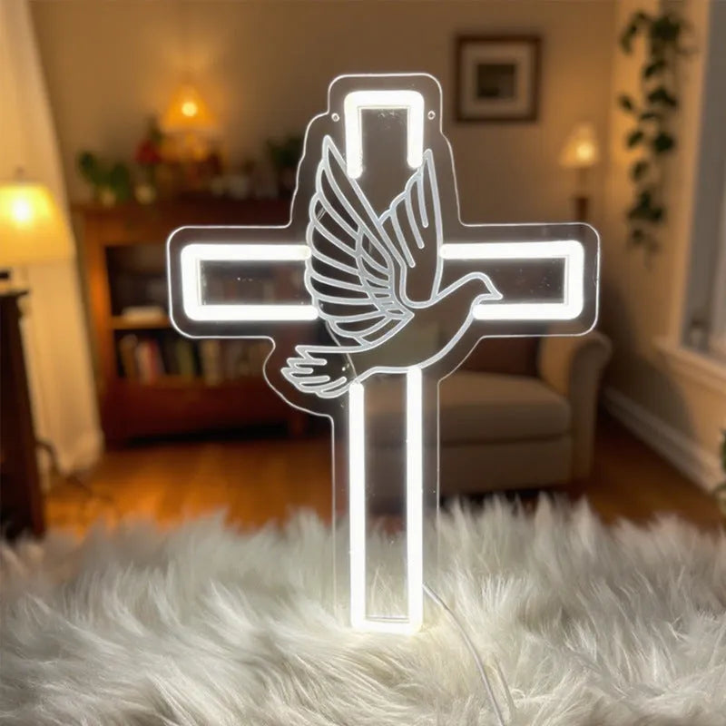 LED neon light peace dove cross acrylic plate white illumination hanging on wall