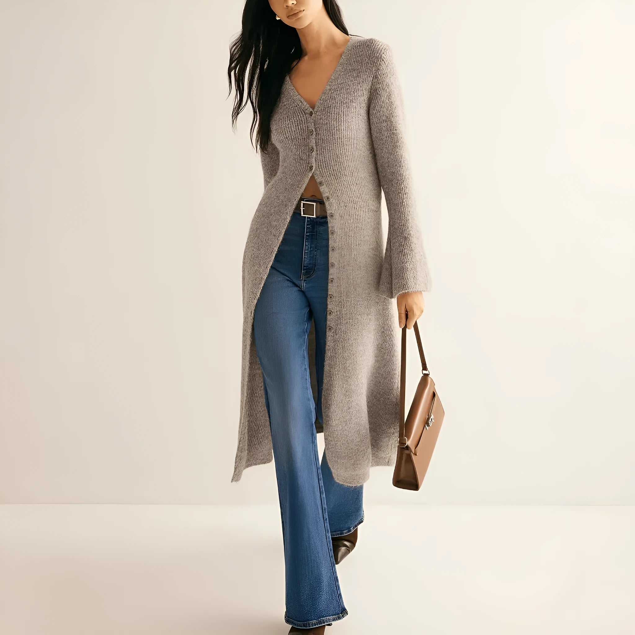 Khaki coloured long sleeve womens cardigan coat with button front in a French retro style.