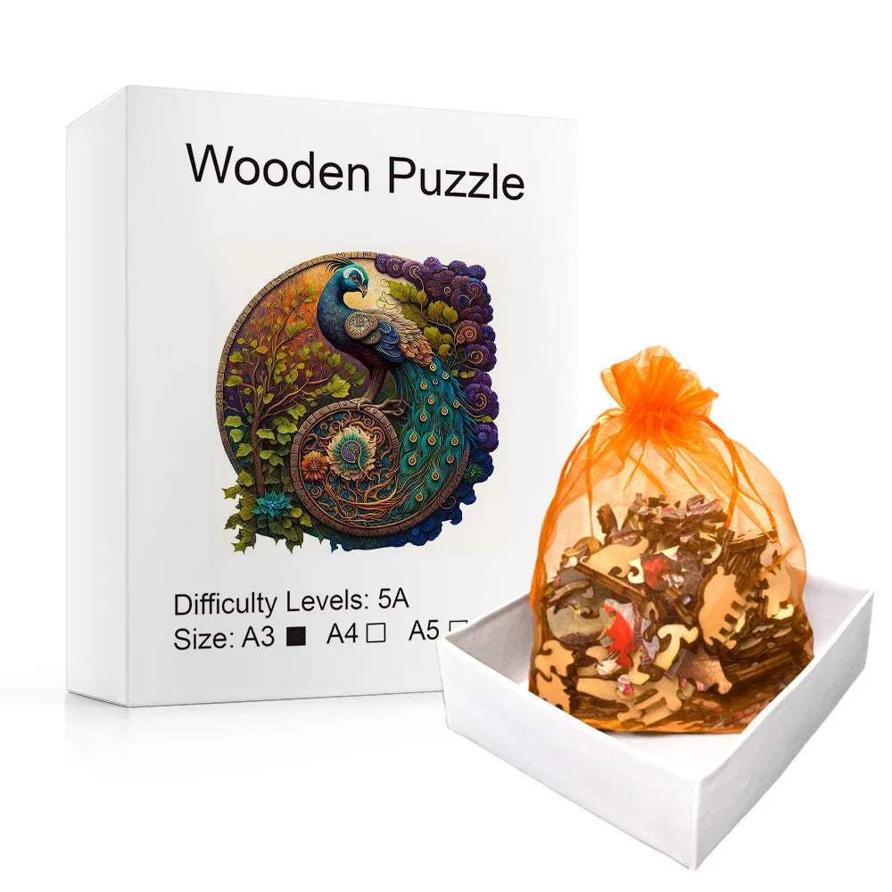 Wooden animal puzzle block with irregular stereo pieces, available in Colorful A3 or A5, packed in a white box.