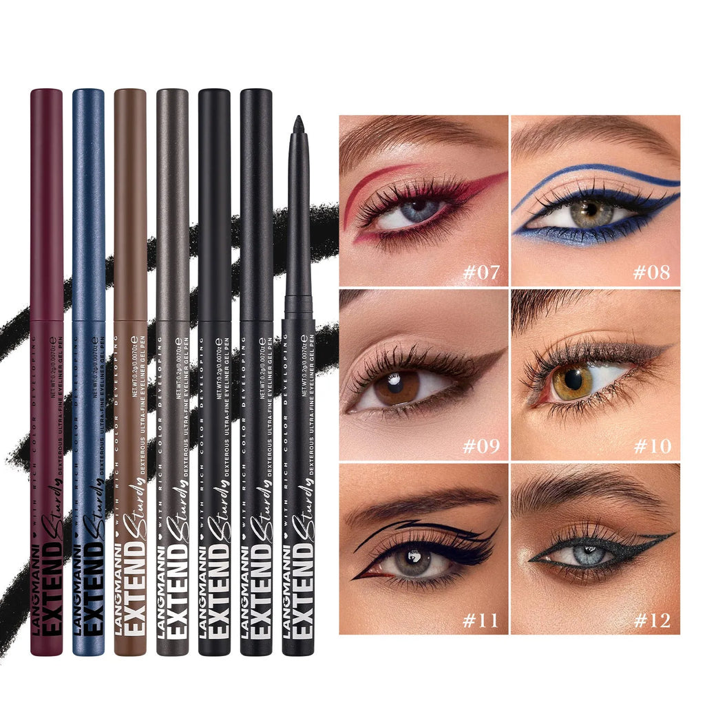 Set of 12 colourful gel glitter eyeliner pencils with vibrant shades on a white background