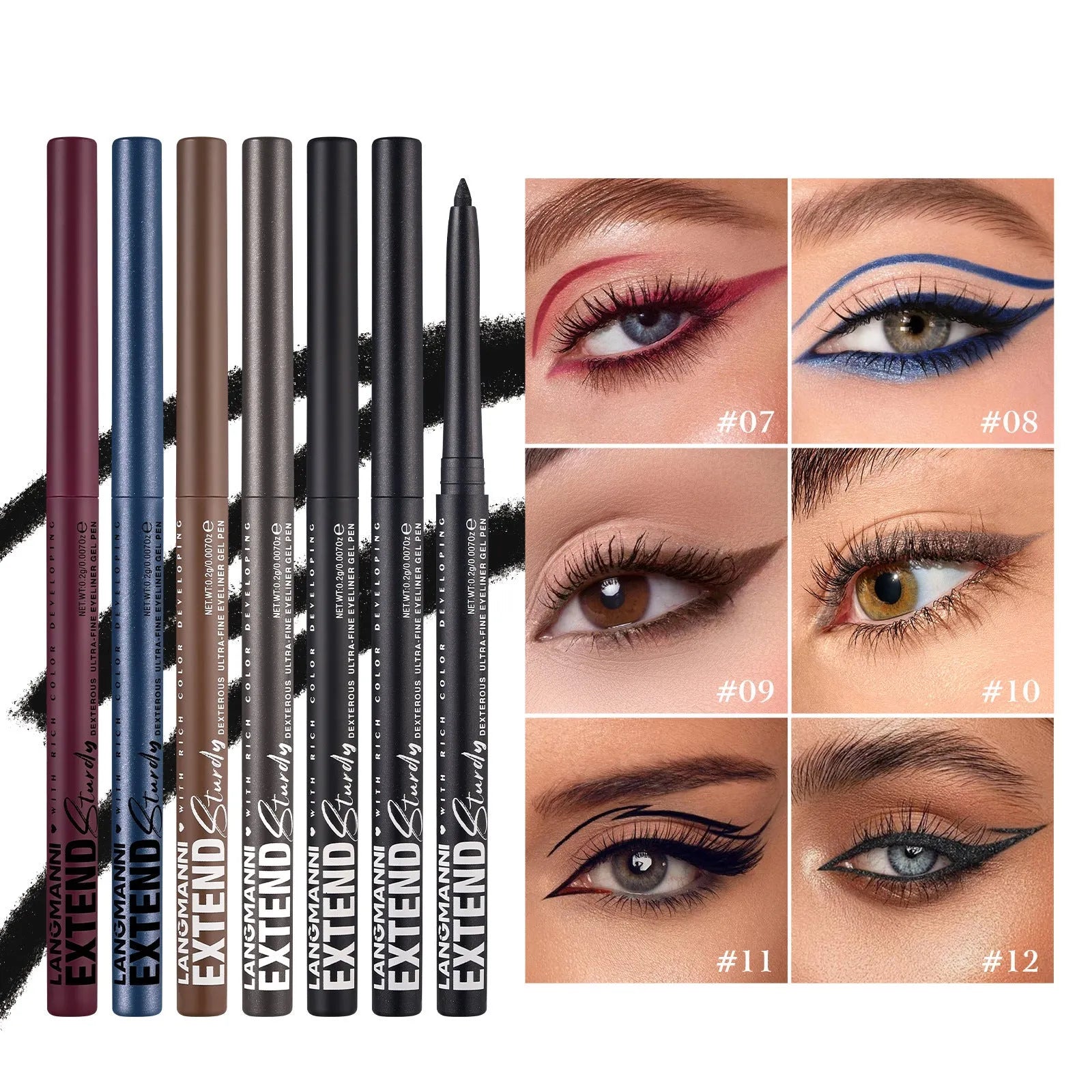 Set of 12 colourful gel glitter eyeliner pencils with vibrant shades on a white background