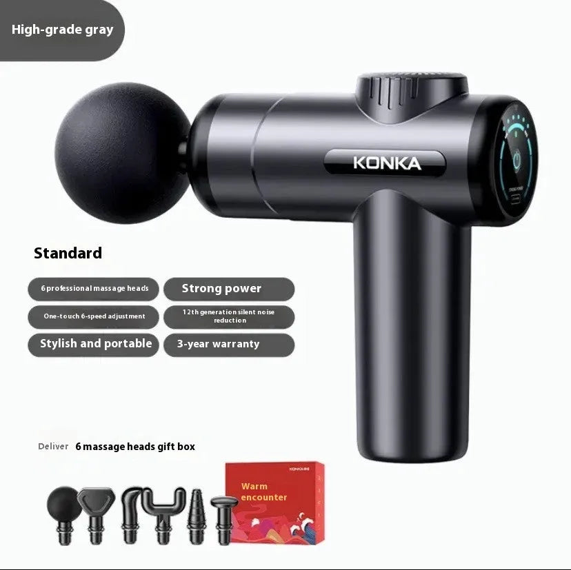 Konka electric mini massage gun with multiple massage head attachments on a gray background.