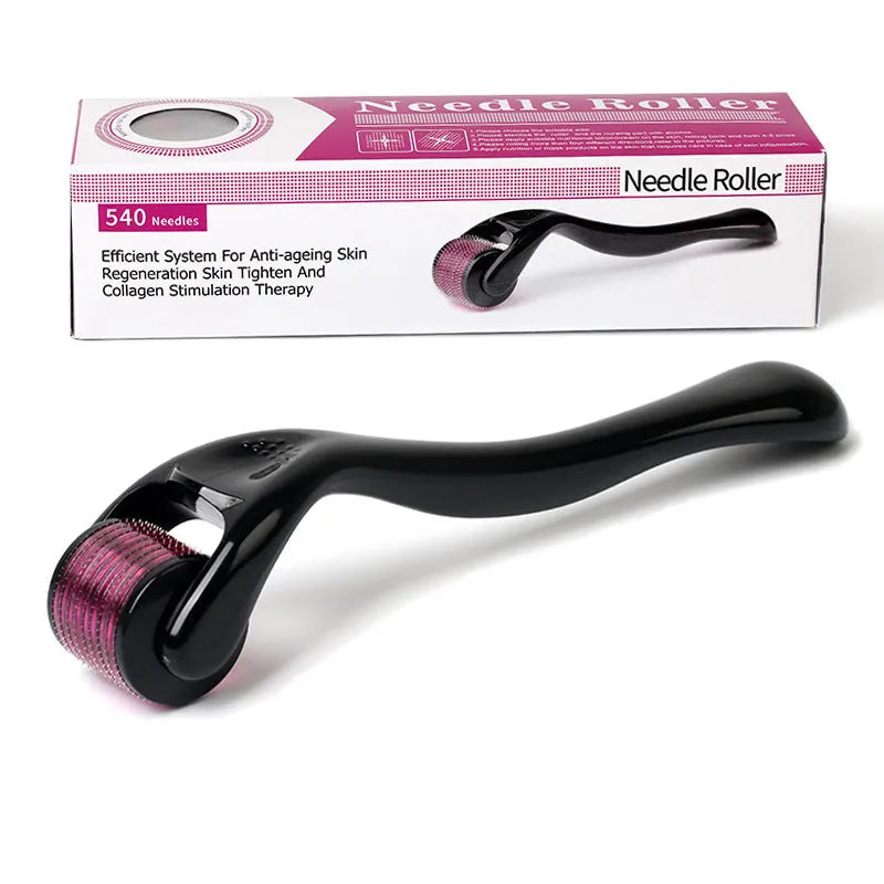 Close-up of a black derma roller with 540 titanium microneedles, shown with size options from 0.2mm to 1.0mm.