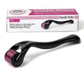 Close-up of a black derma roller with 540 titanium microneedles, shown with size options from 0.2mm to 1.0mm.