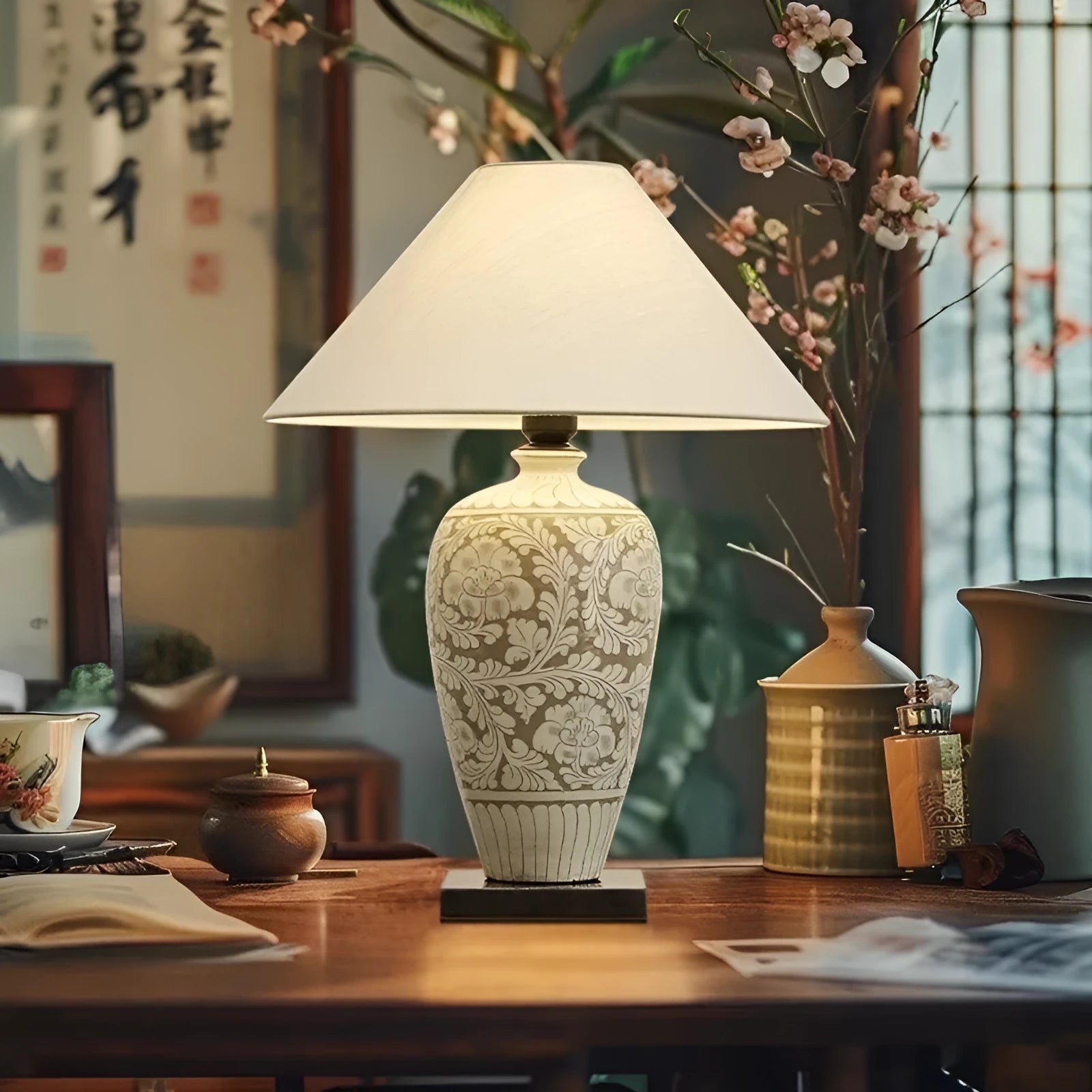 Japanese style ceramic and fabric table lamp with tri-colour and warm light, 59x42cm, for study room decoration