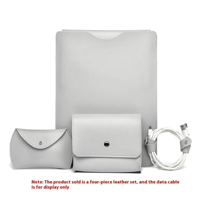 Set of four imitation leather protective covers for laptop edges in brown, gray, apricot, and light pink colours