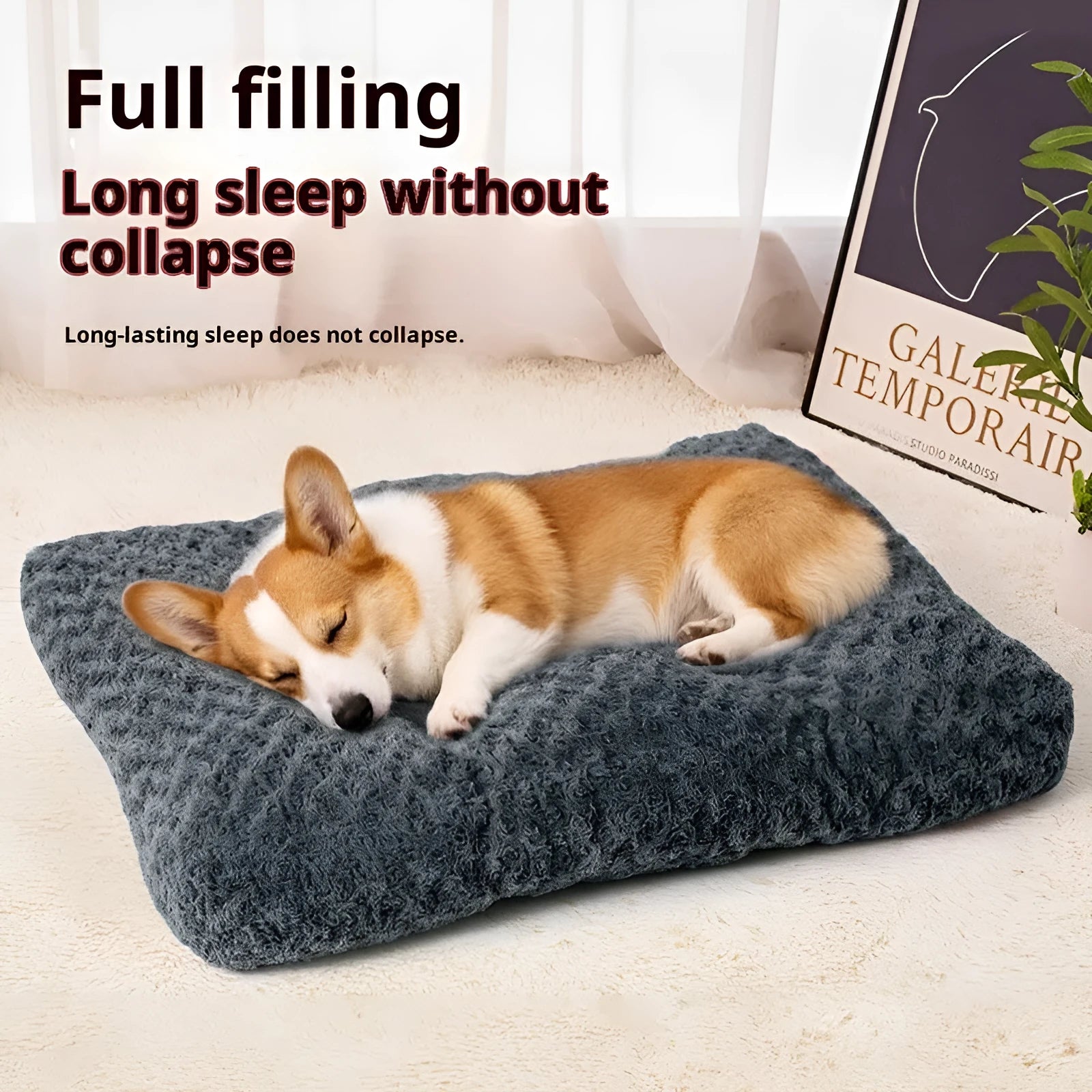 Embossed velvet thick square pet mat for dogs in dark gray on a floor with a dog resting on it