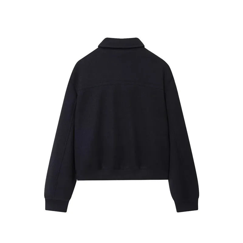 Women's navy blue PU coat with turn-down collar, zip front, long sleeves, 50cm length, sizes XS to L.