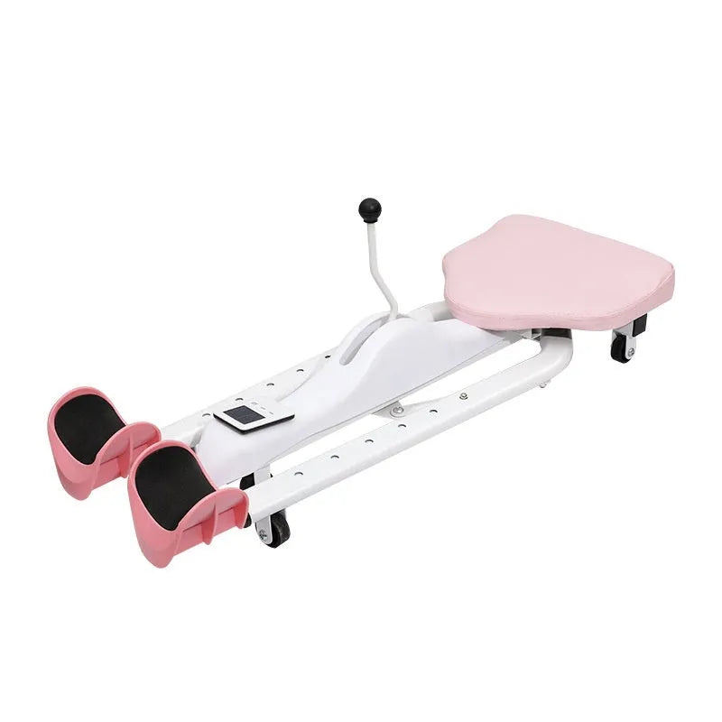 A pink leg stretching device with a steel frame and foam padding, shown alongside a blue model with a backrest.
