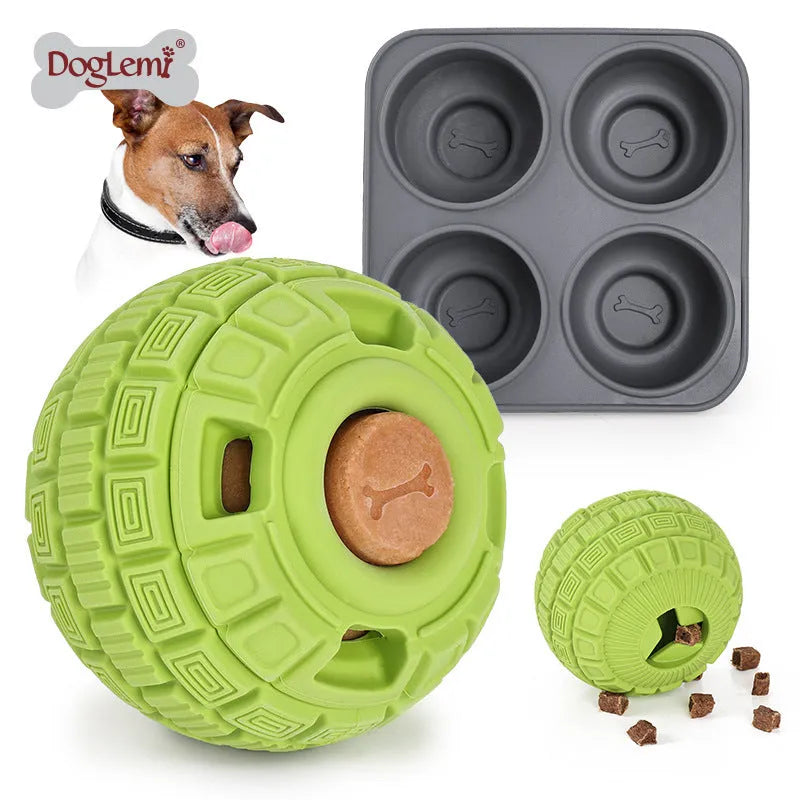 Natural rubber food dropping ball toy in green and orange, 14x10x10cm, for interactive dog treat dispensing