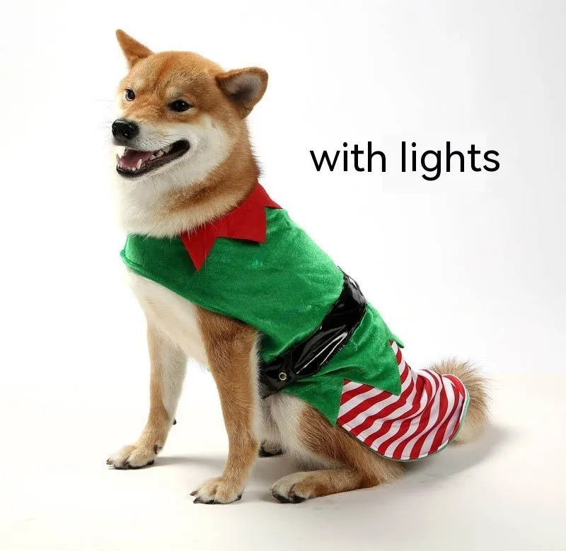 Green elf pet costume for dogs made from cotton, available in sizes XS to XXL, with or without attached light