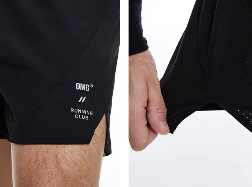 Black and blue four-point stretch running shorts with laser punching stitching on a mannequin.