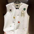 Men's white cotton sleeveless vest with a cartoon graphic print, shown on a hanger.