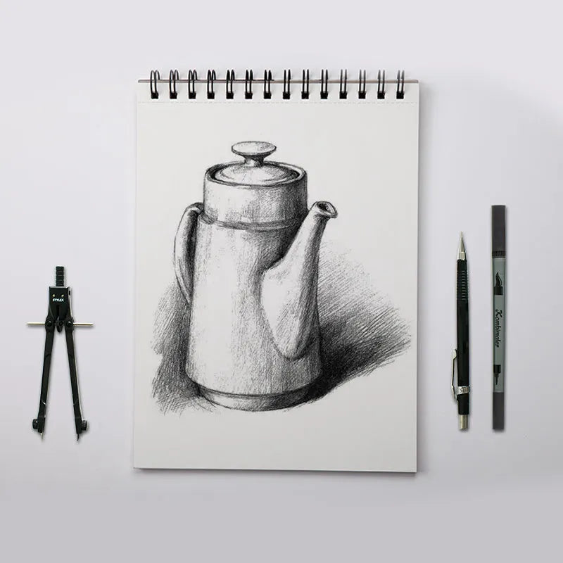 Blank A4 drawing sketch book showing coil binding and heavy-weight white paper for artwork.