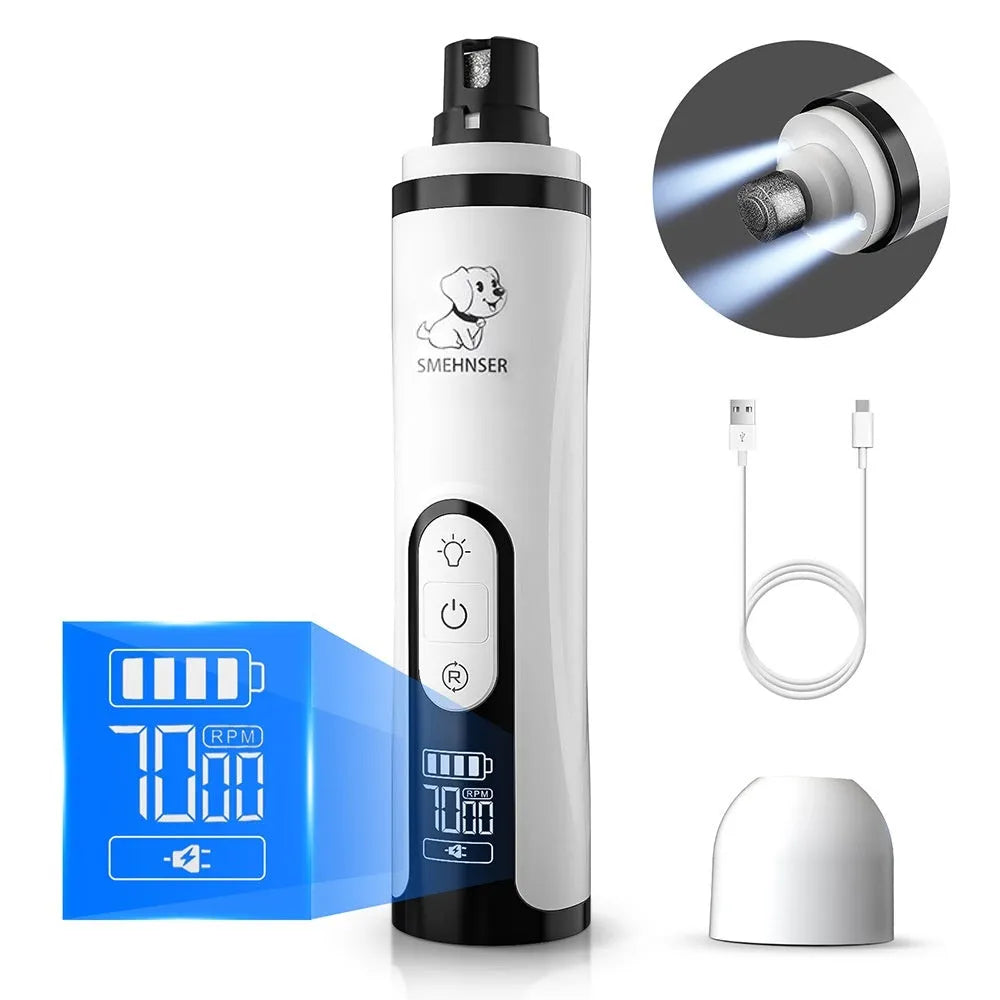 White and grey electric dog nail grinder with LED lights on a blue background
