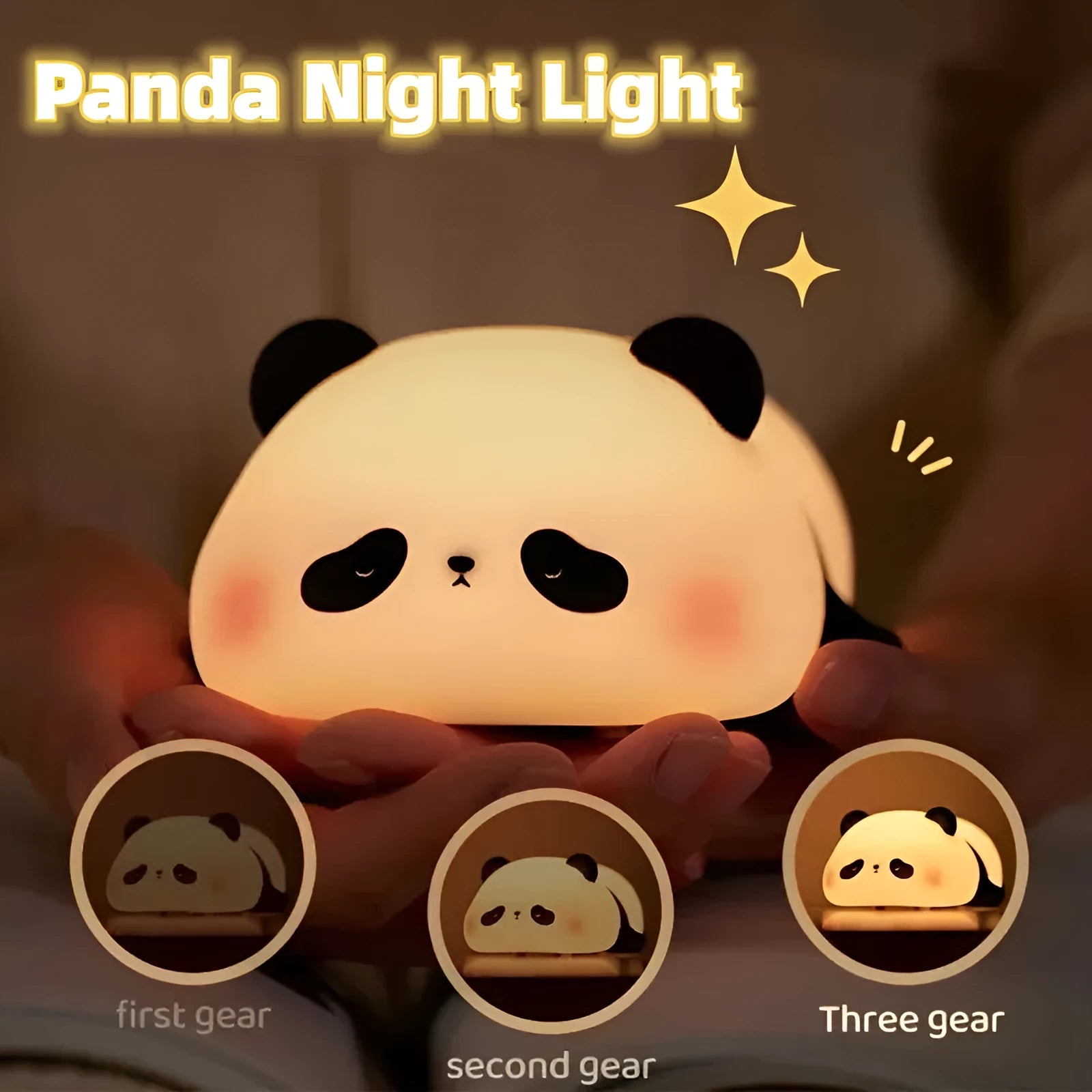 Panda-shaped night light with black and white silicone construction showing LED glow