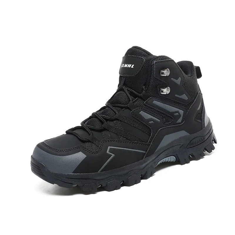 High-top outdoor hiking sneaker in flannel with rubber sole, shown on a rocky trail.