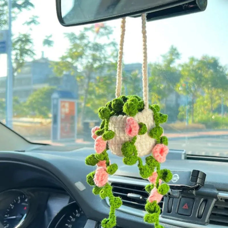 Green and white knitted car plant ornament with hanging rope for dashboard or mirror decoration