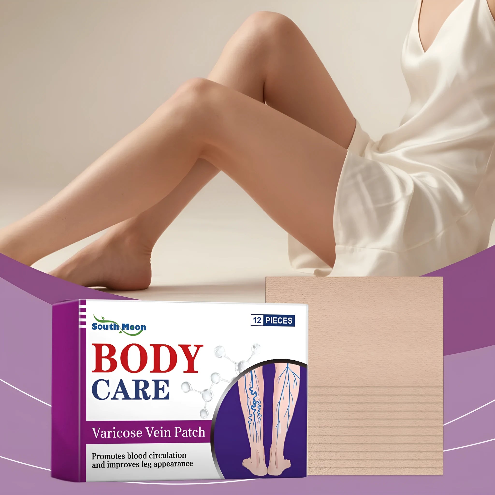 Leg care patch kit containing 12 nursing patches with plant ingredients for nourishing massage