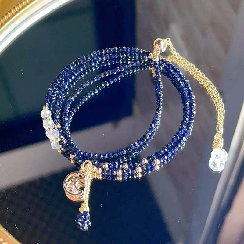 Blue sand stone three-ring women's bracelet set with gold-toned metal accents