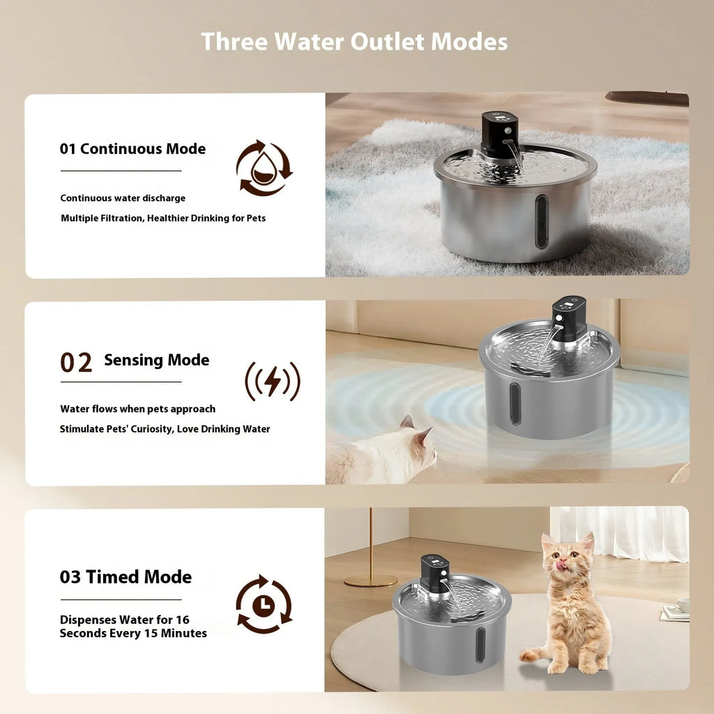 Stainless steel cat and dog water fountain with white heating base on a kitchen floor.