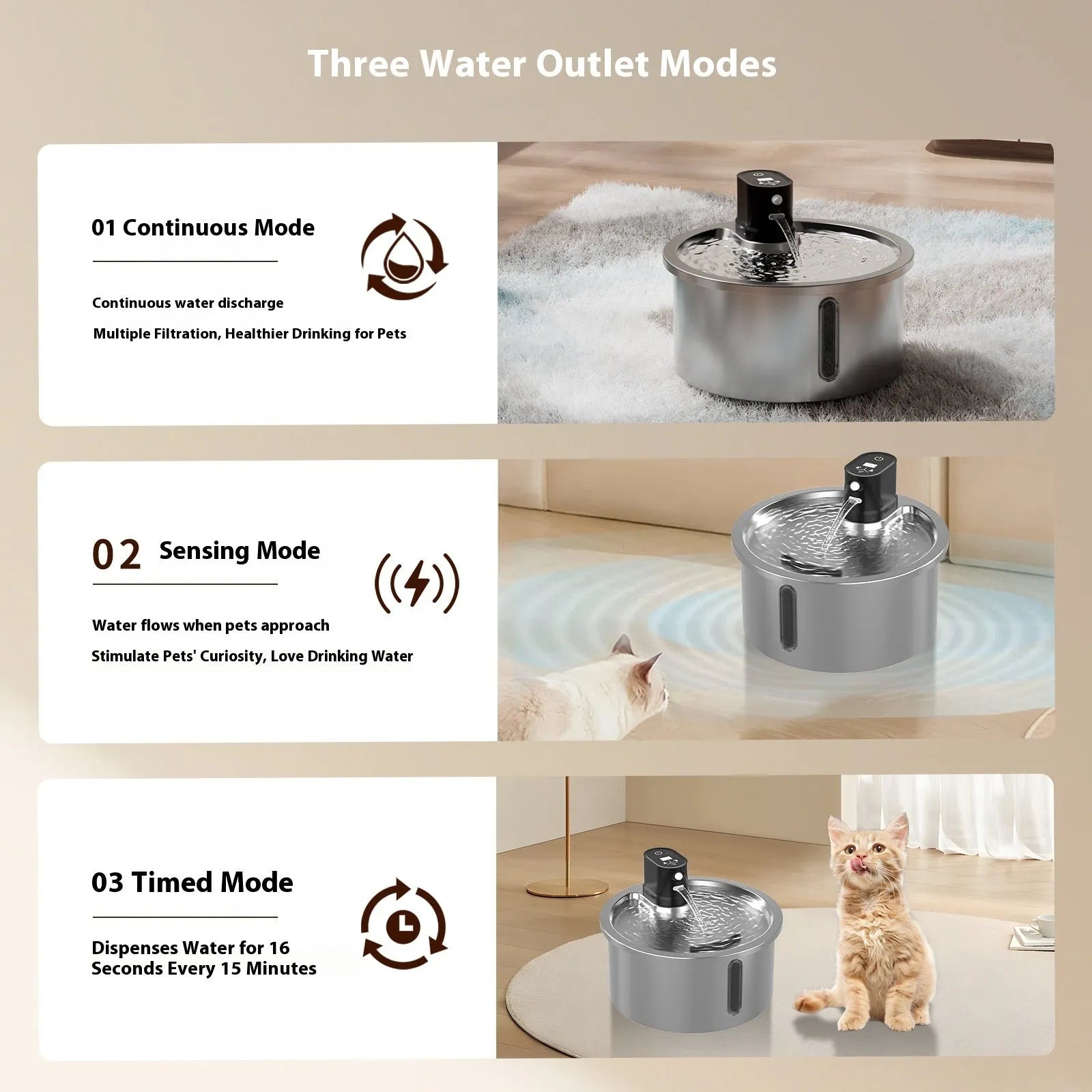 Stainless steel cat and dog water fountain with white heating base on a kitchen floor.